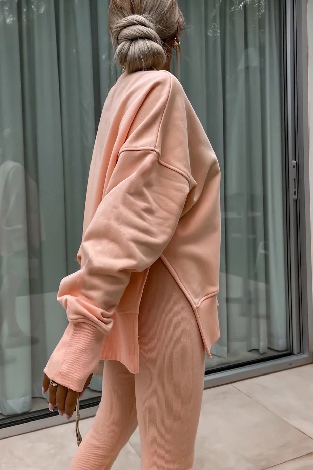 Arolora Crew Neck Slit Sweatshirt Legging Suits