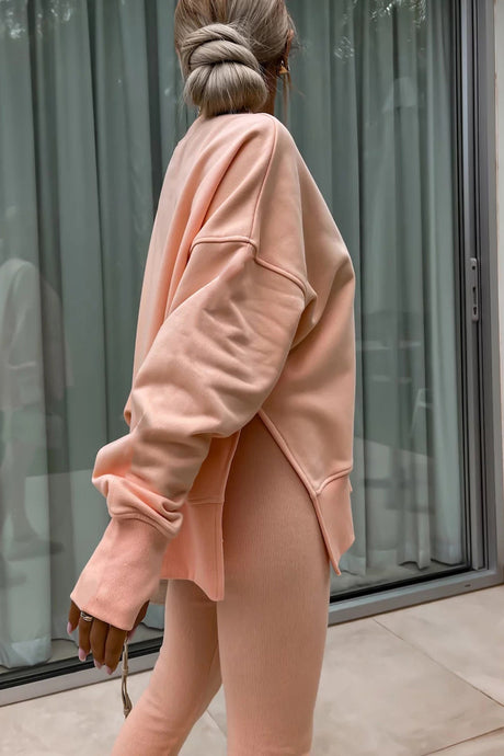 Arolora Crew Neck Slit Sweatshirt Legging Suits