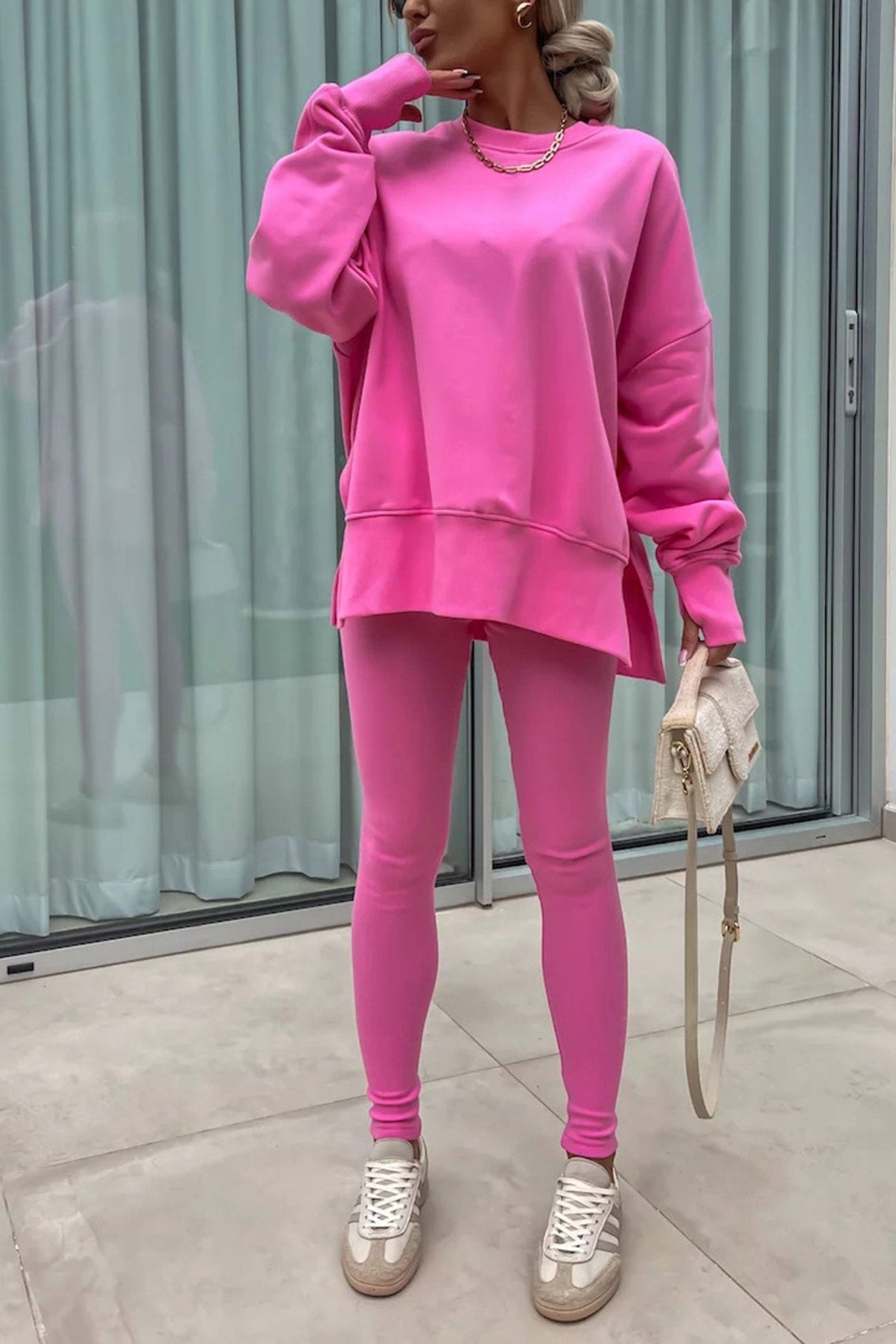 Arolora Crew Neck Slit Sweatshirt Legging Suits