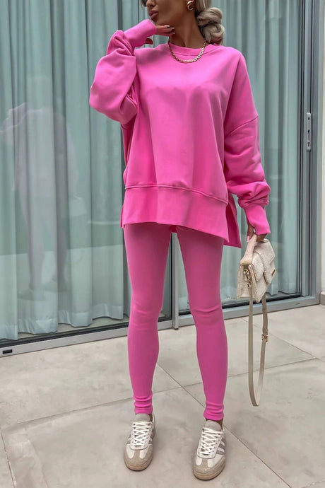 Arolora Crew Neck Slit Sweatshirt Legging Suits