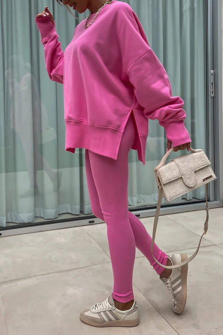 Arolora Crew Neck Slit Sweatshirt Legging Suits