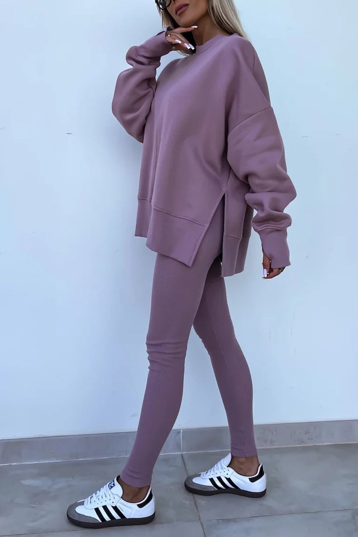 Arolora Crew Neck Slit Sweatshirt Legging Suits