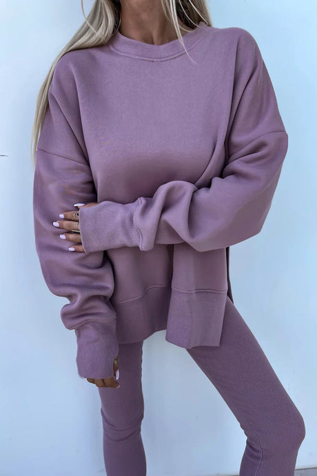 Arolora Crew Neck Slit Sweatshirt Legging Suits