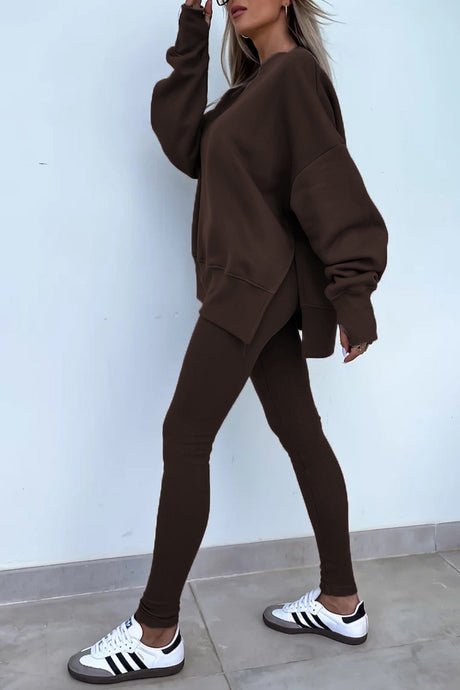Arolora Crew Neck Slit Sweatshirt Legging Suits