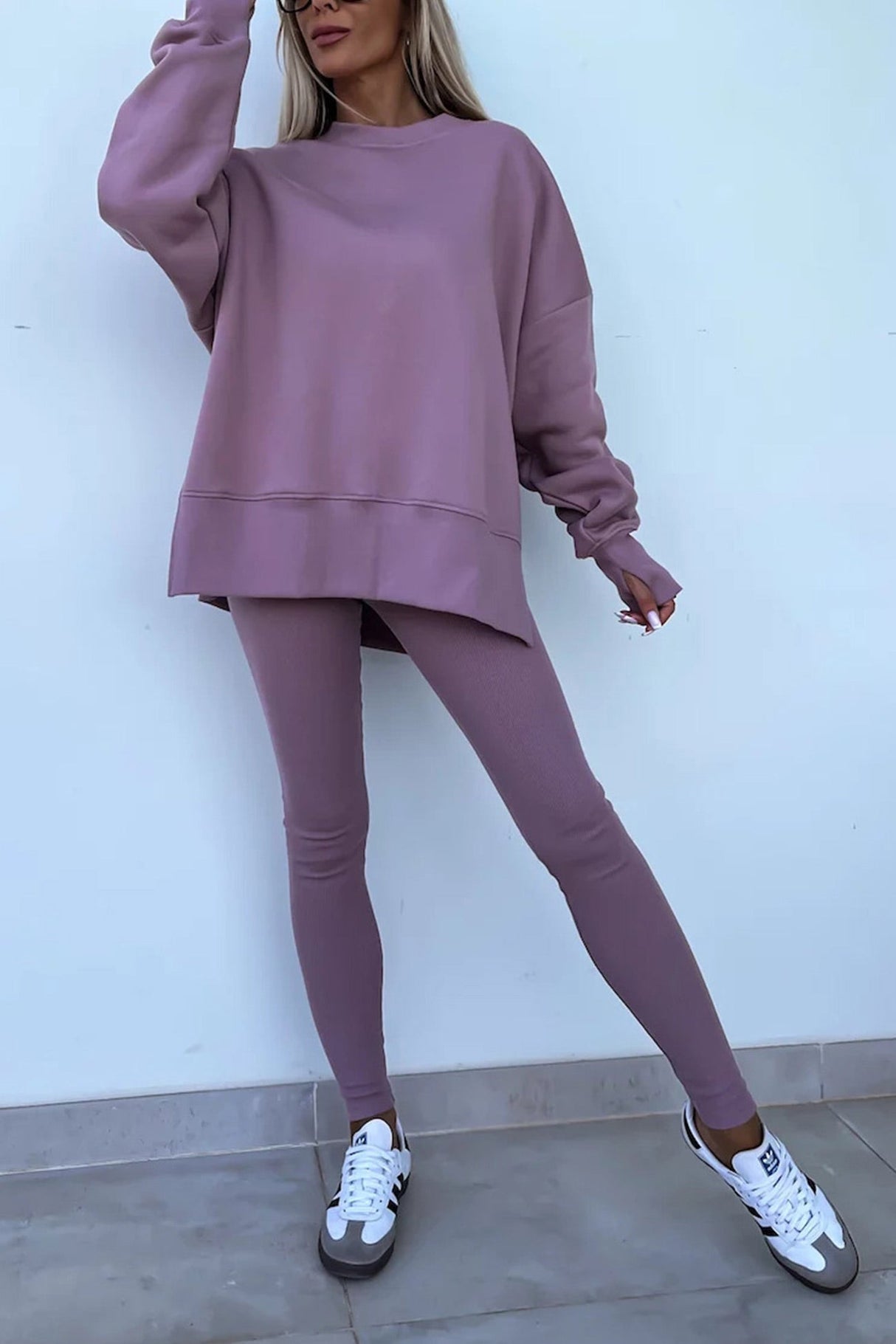 Arolora Crew Neck Slit Sweatshirt Legging Suits