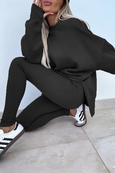 Arolora Crew Neck Slit Sweatshirt Legging Suits