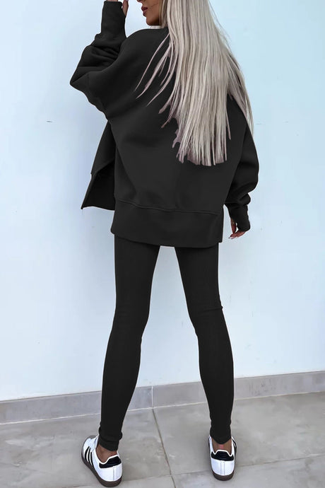 Arolora Crew Neck Slit Sweatshirt Legging Suits