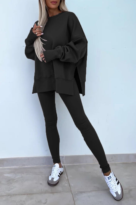 Arolora Crew Neck Slit Sweatshirt Legging Suits