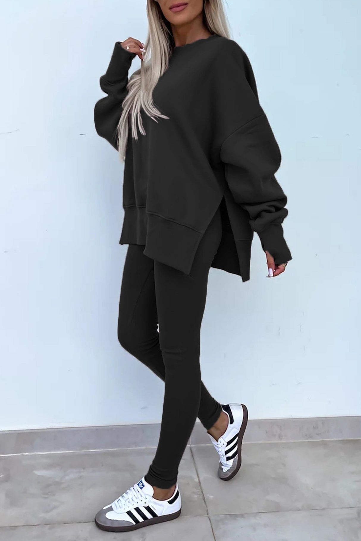 Arolora Crew Neck Slit Sweatshirt Legging Suits