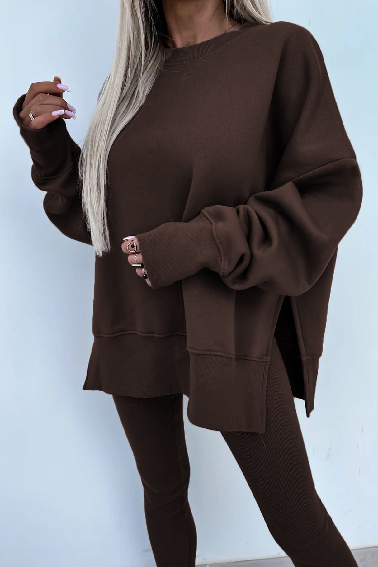 Arolora Crew Neck Slit Sweatshirt Legging Suits