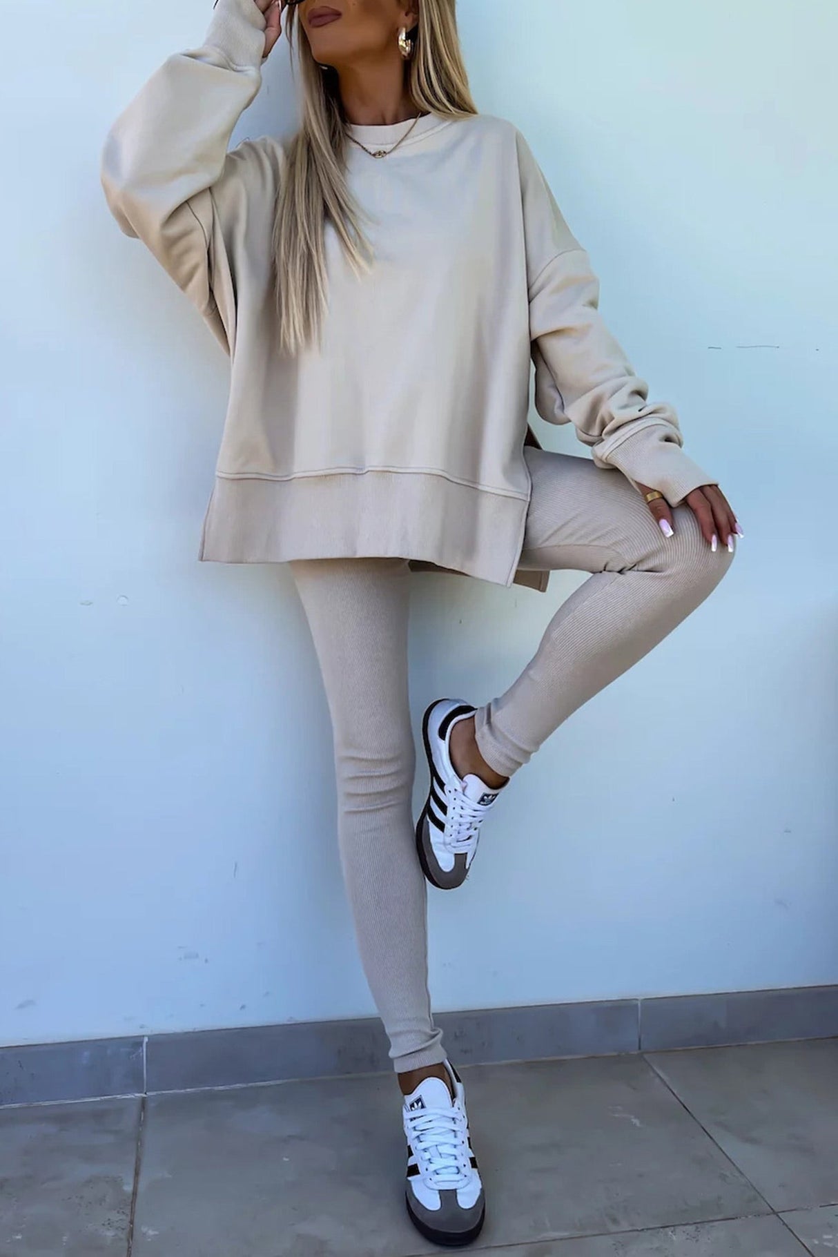 Arolora Crew Neck Slit Sweatshirt Legging Suits