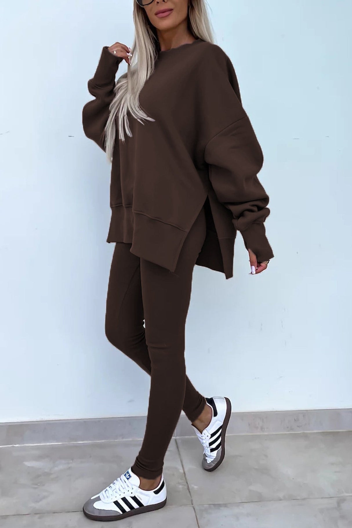 Arolora Crew Neck Slit Sweatshirt Legging Suits