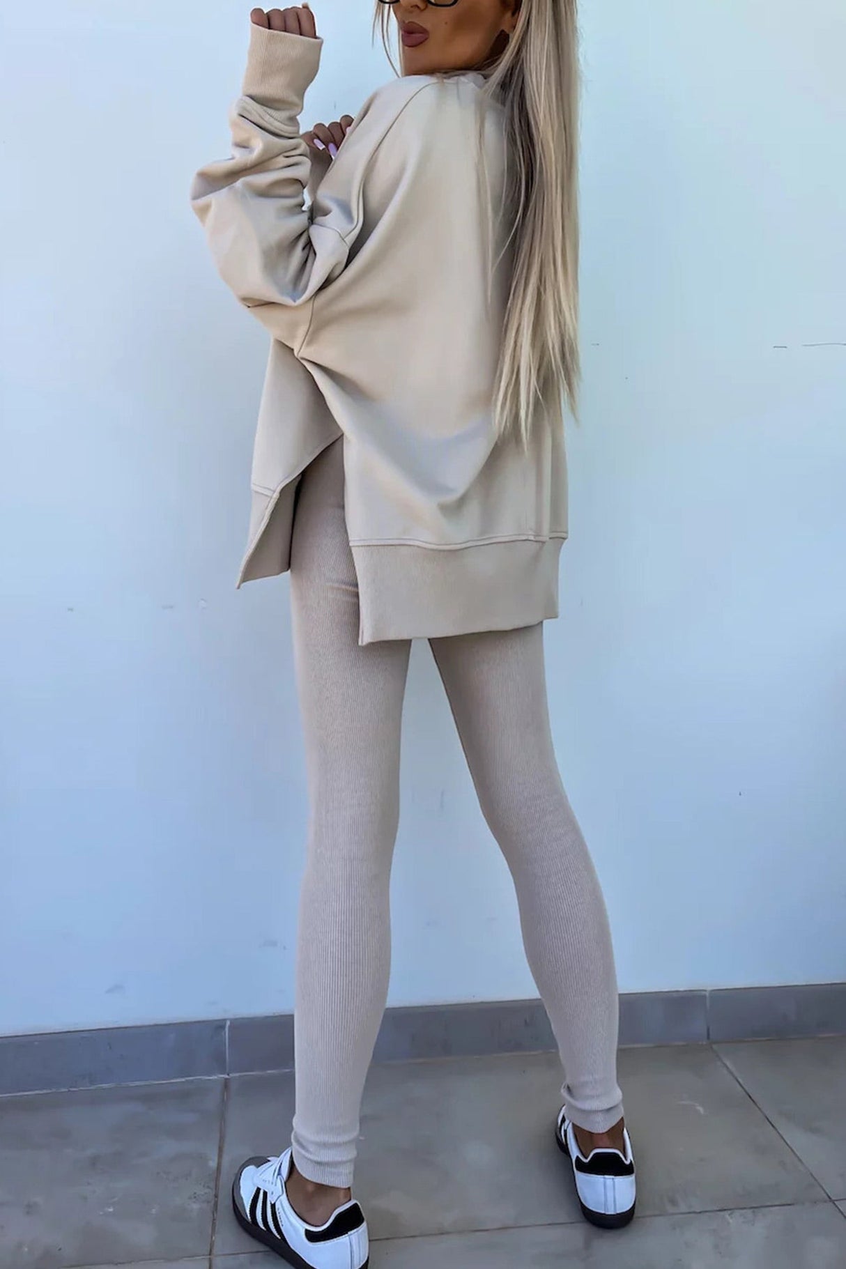 Arolora Crew Neck Slit Sweatshirt Legging Suits