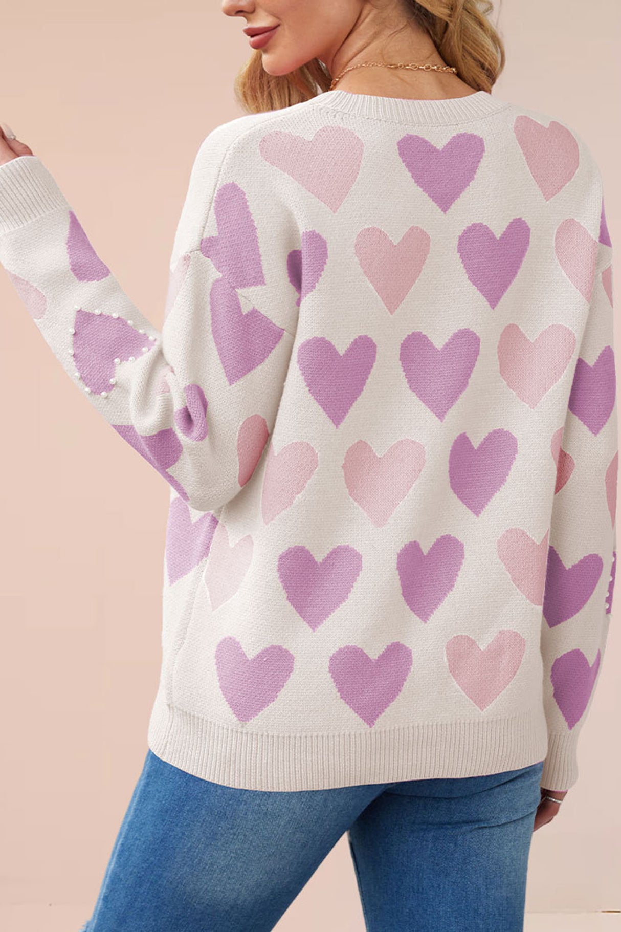 Crew Neck Beaded Heart Pullover Knit Sweater