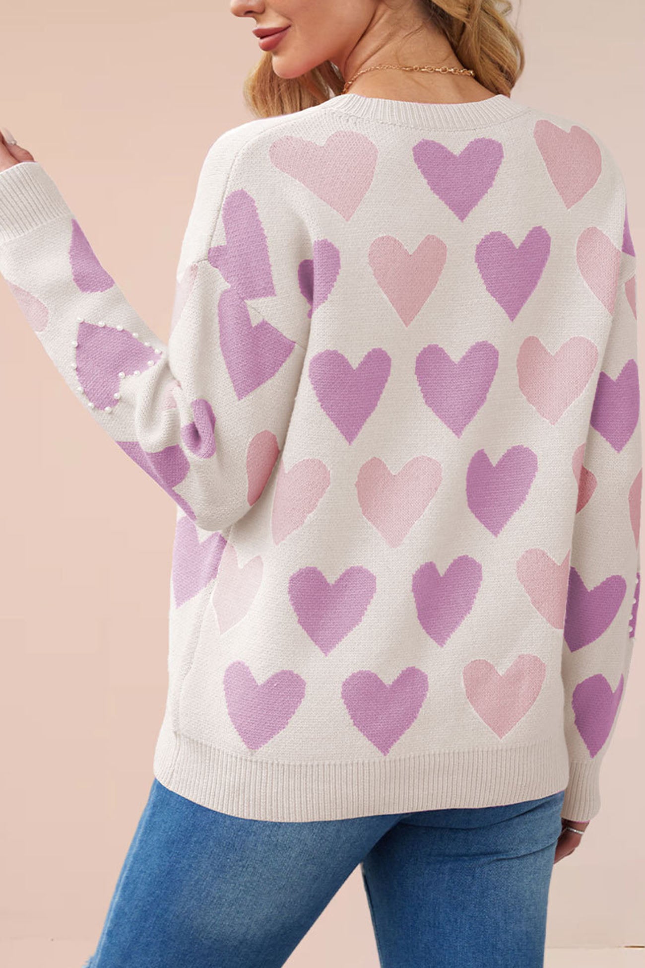 Crew Neck Beaded Heart Pullover Knit Sweater