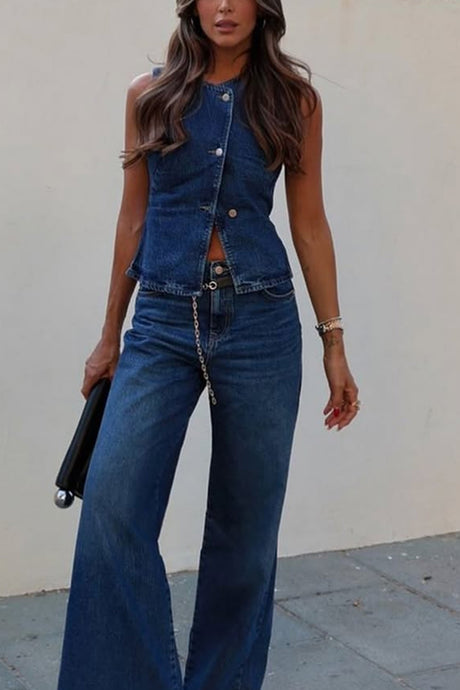 Arolora Denim Tank Top Wide Leg Jeans Set