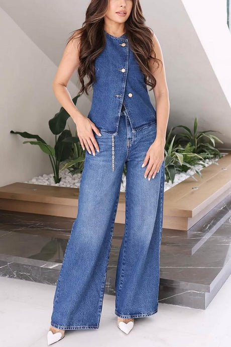Arolora Denim Tank Top Wide Leg Jeans Set