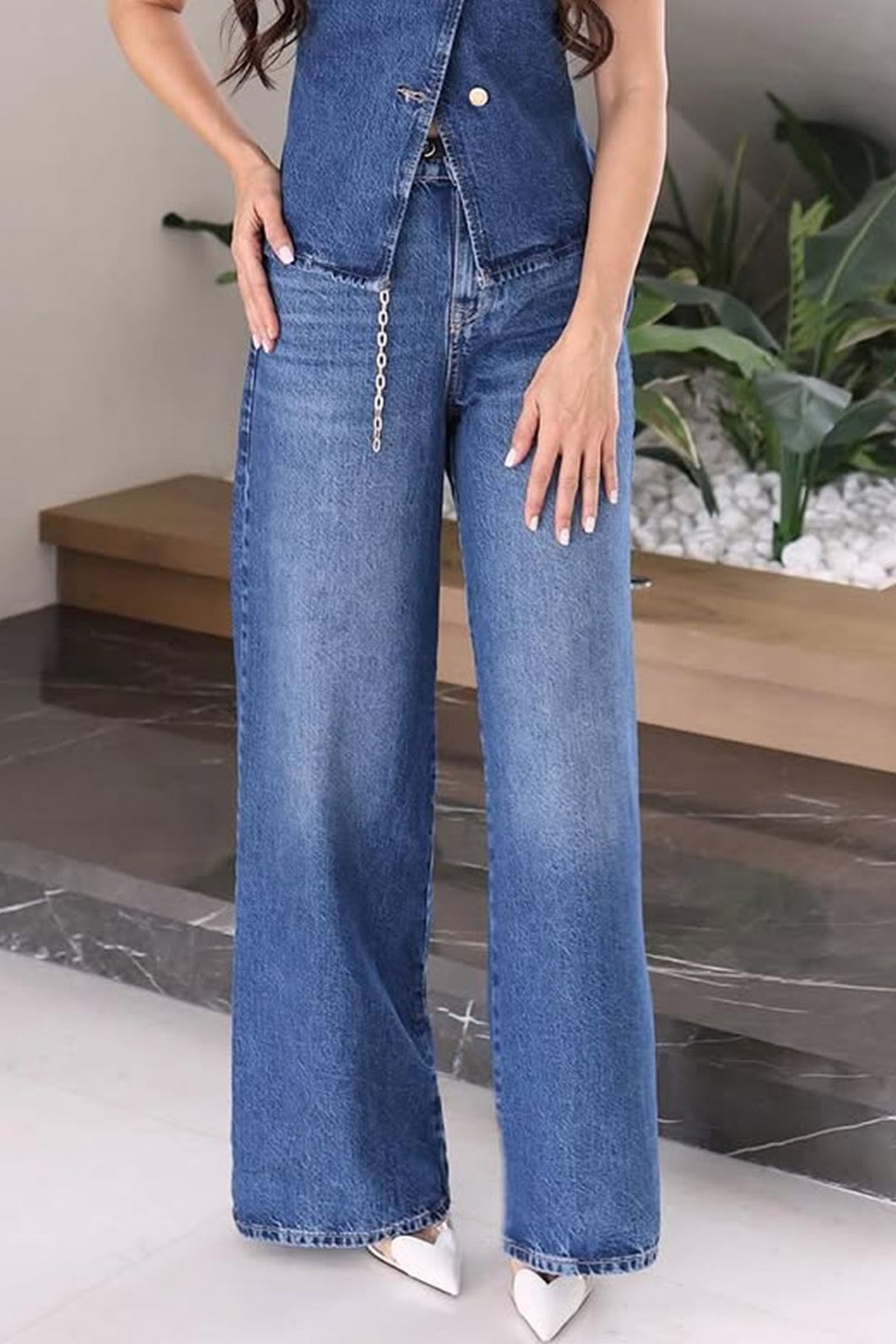 Arolora Denim Tank Top Wide Leg Jeans Set
