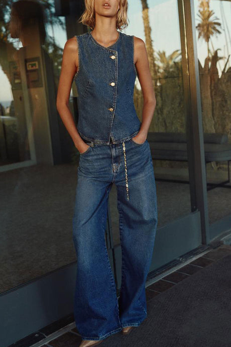 Arolora Denim Tank Top Wide Leg Jeans Set