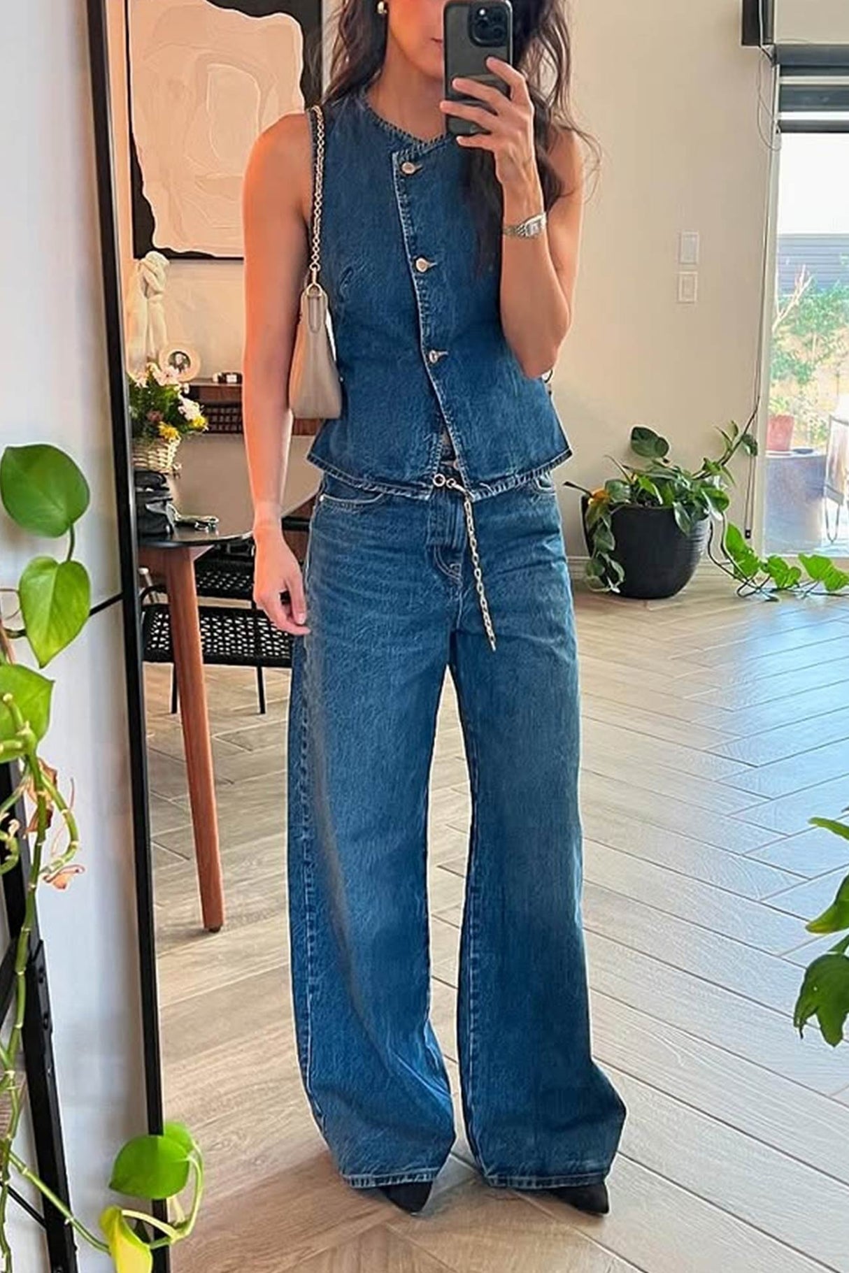 Arolora Denim Tank Top Wide Leg Jeans Set