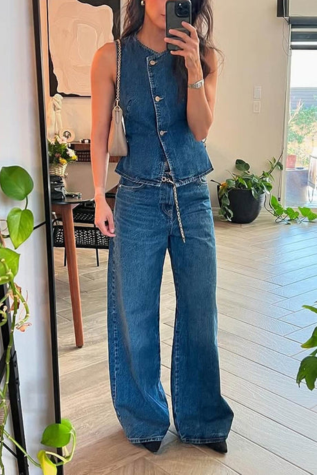 Arolora Denim Tank Top Wide Leg Jeans Set
