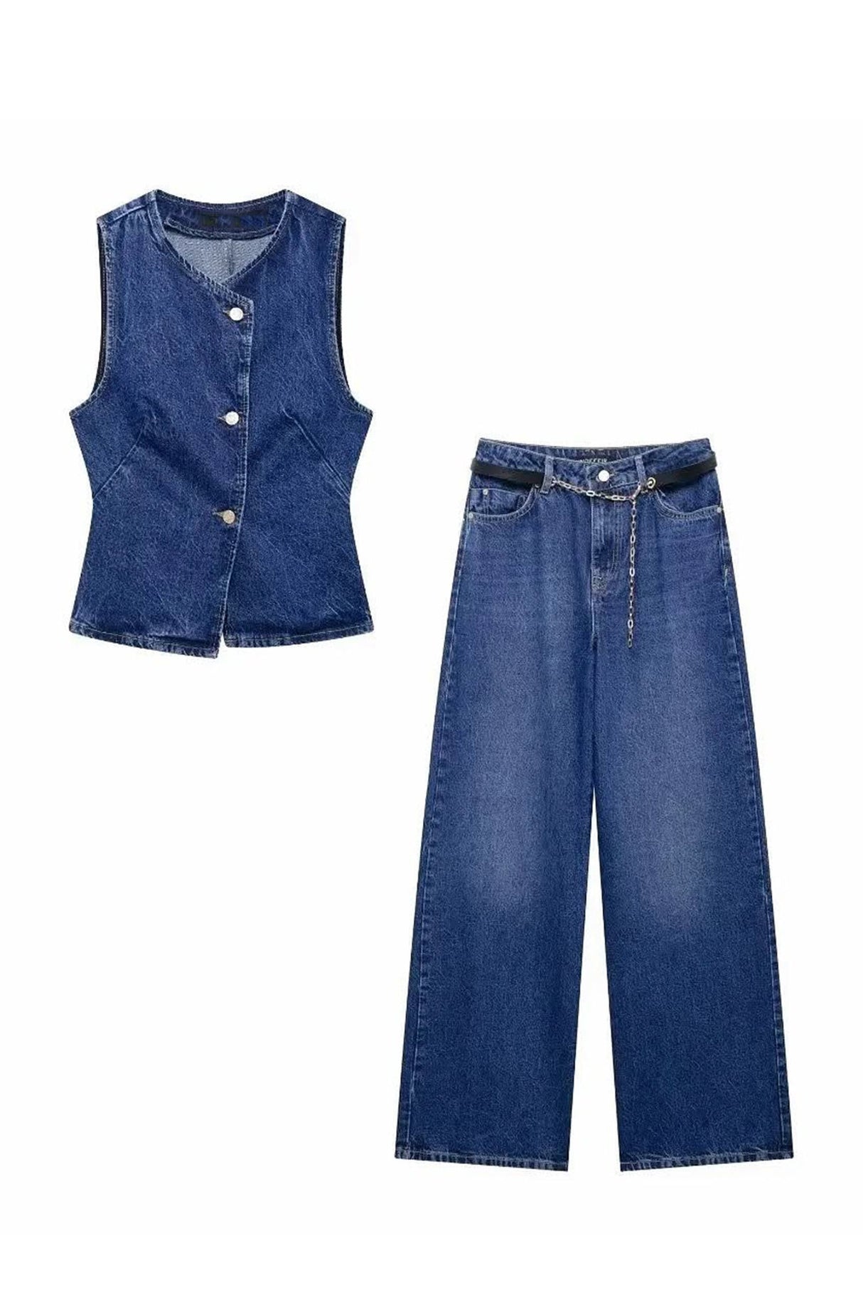 Arolora Denim Tank Top Wide Leg Jeans Set
