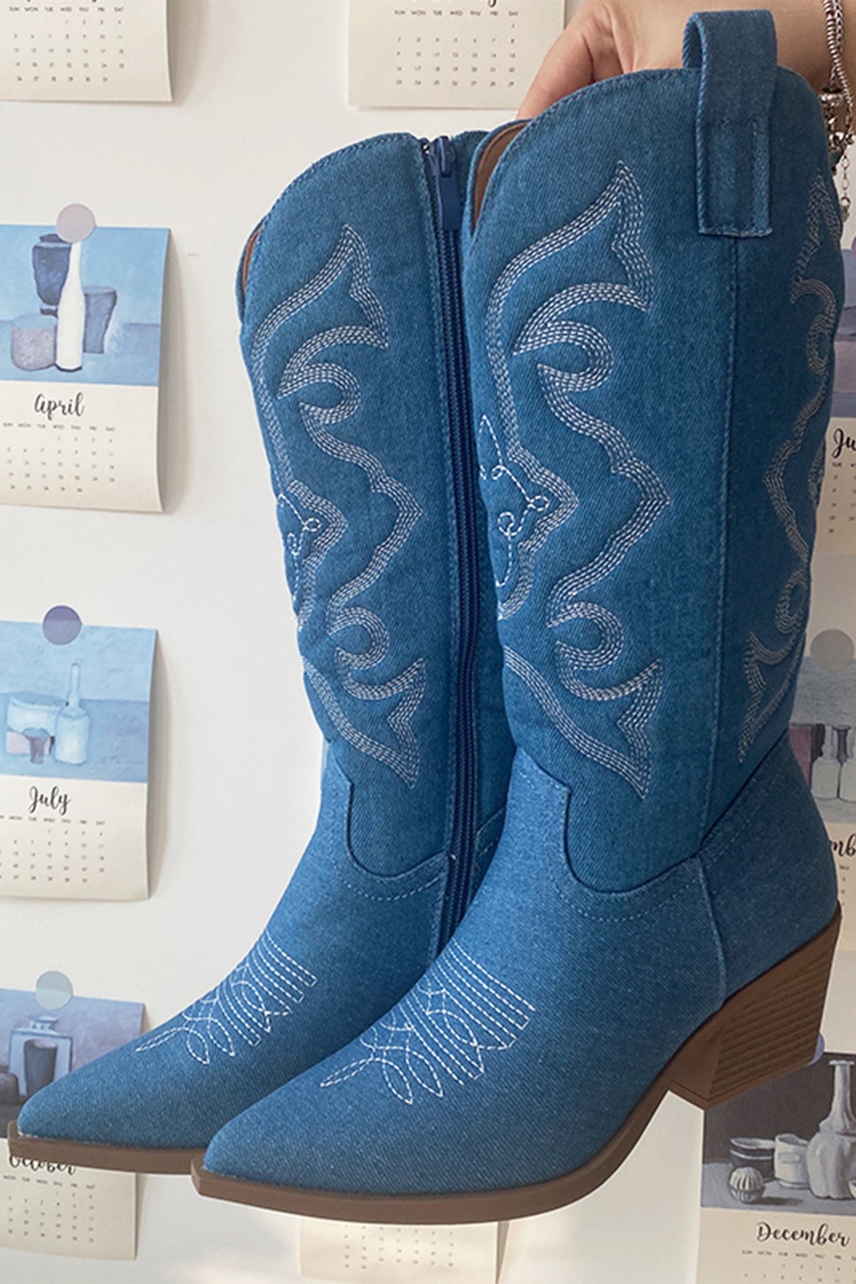 Pointed-toe Mid-calf Chunky Heel Cowboy Boots