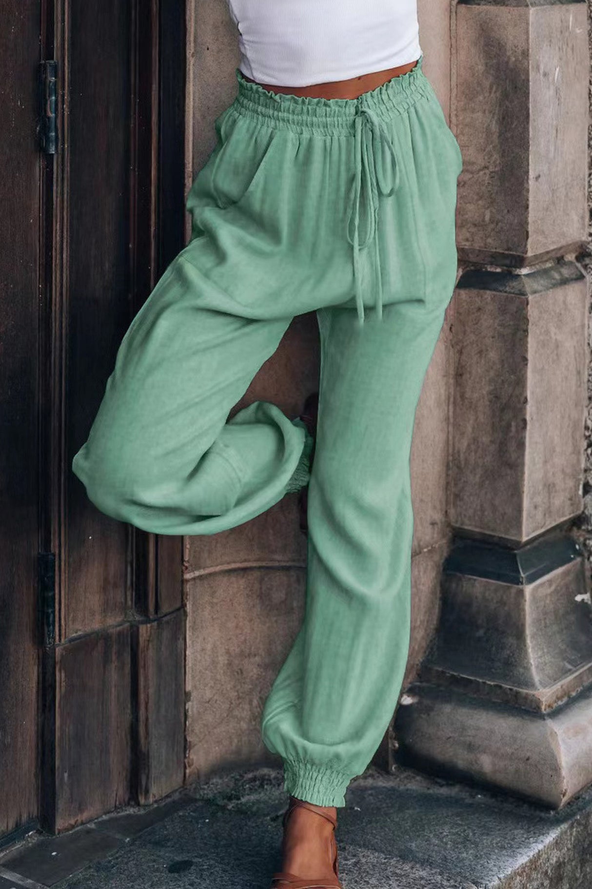 Arolora Drawstring Solid Color Loose Long Pants