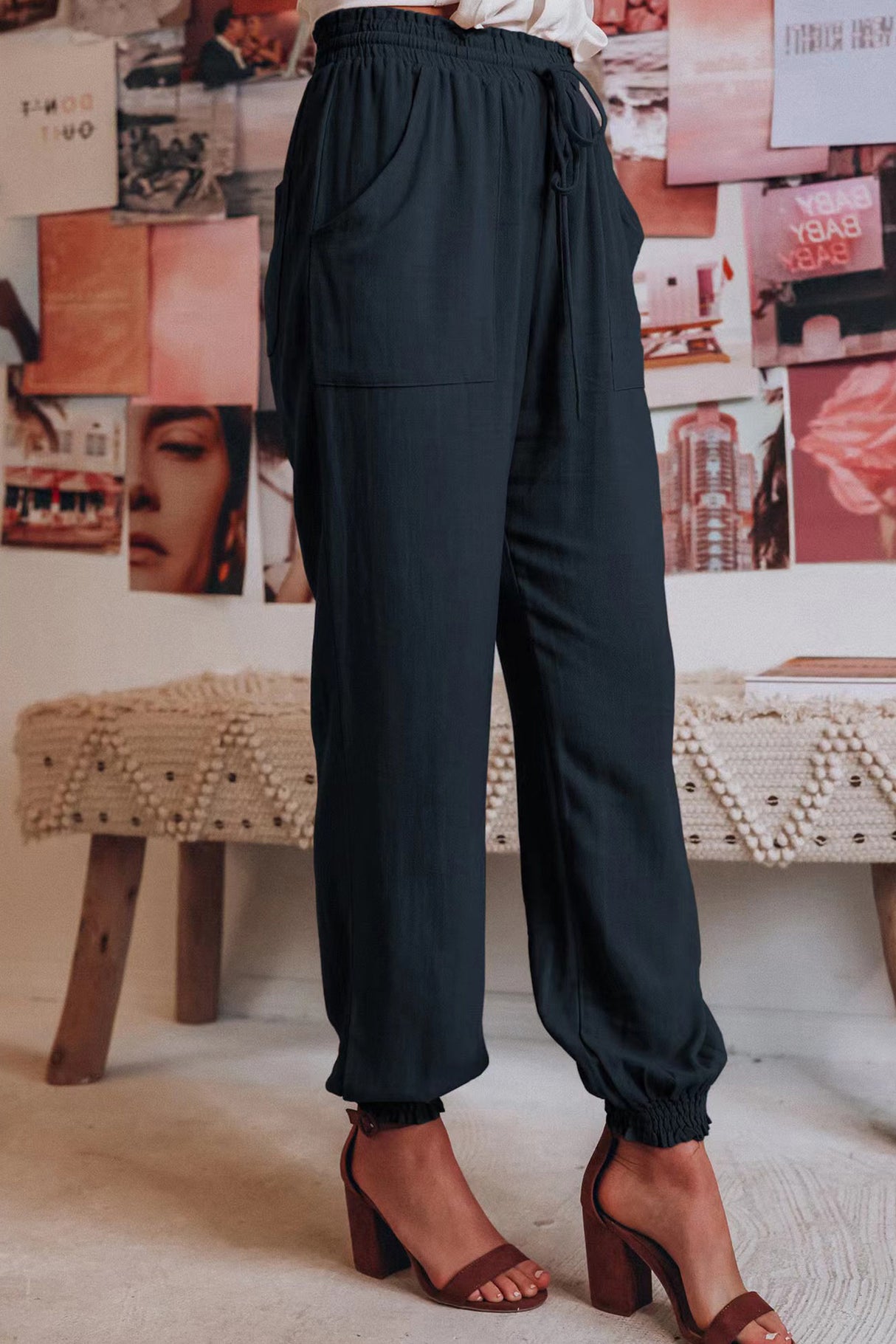 Arolora Drawstring Solid Color Loose Long Pants