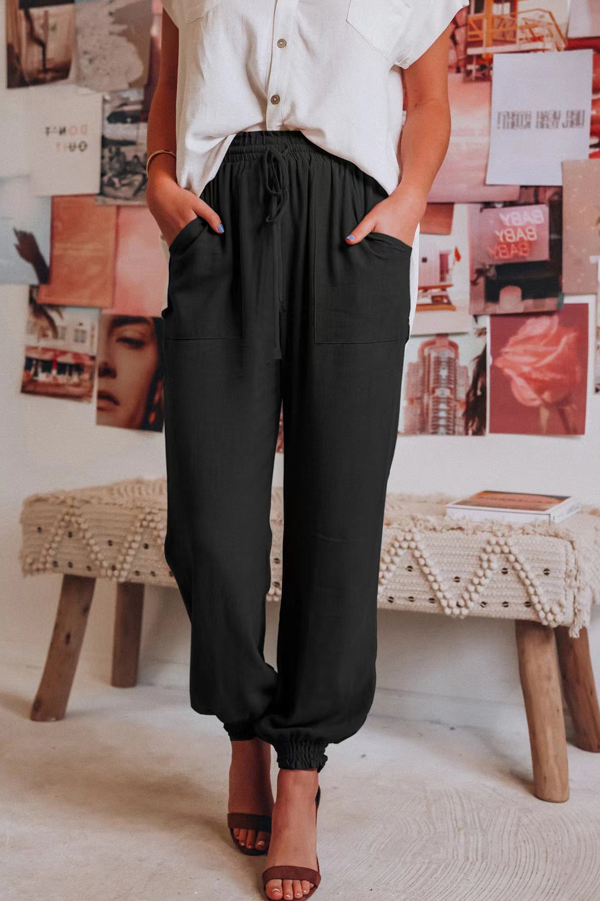 Arolora Drawstring Solid Color Loose Long Pants