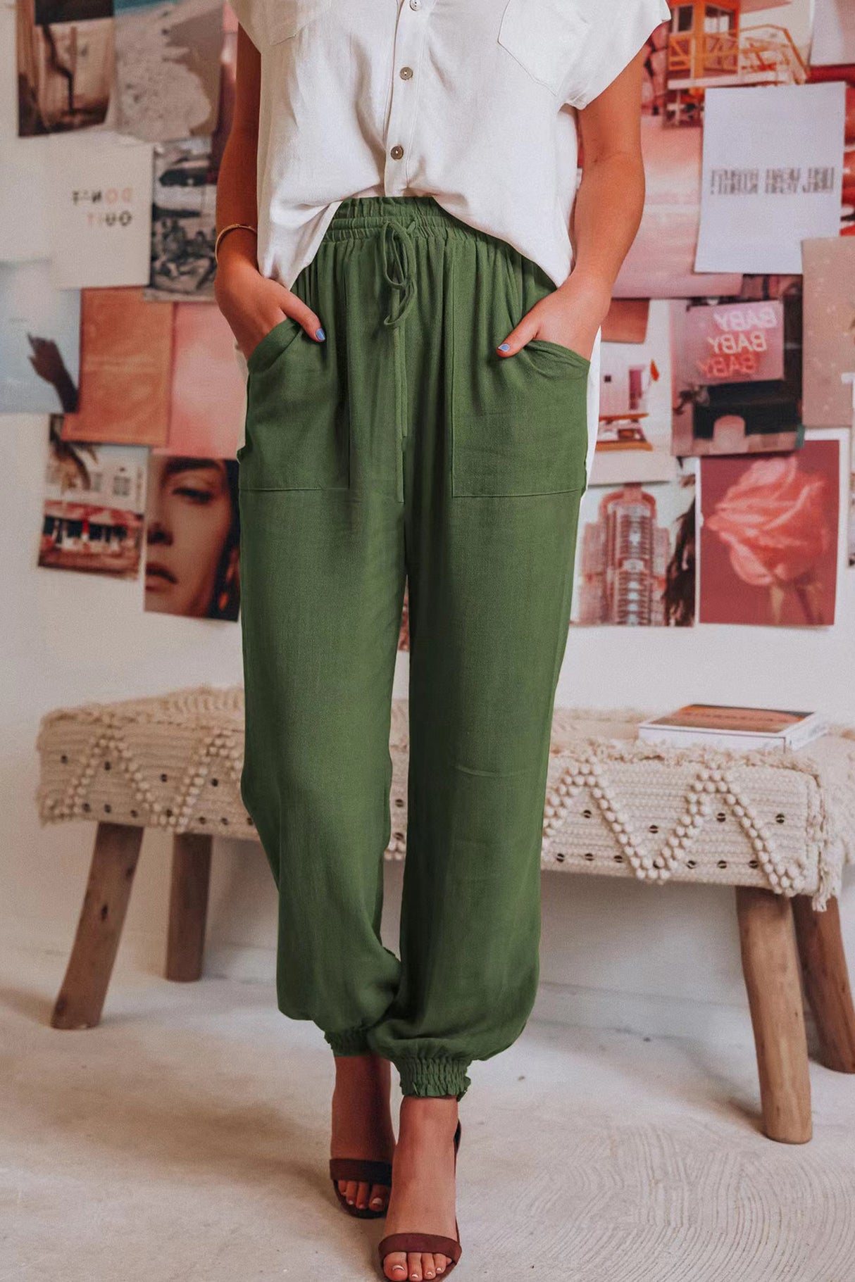Arolora Drawstring Solid Color Loose Long Pants