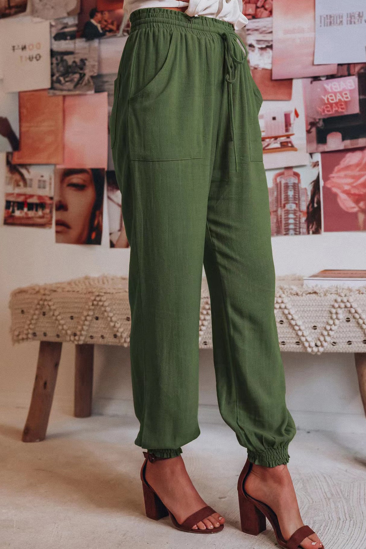 Arolora Drawstring Solid Color Loose Long Pants