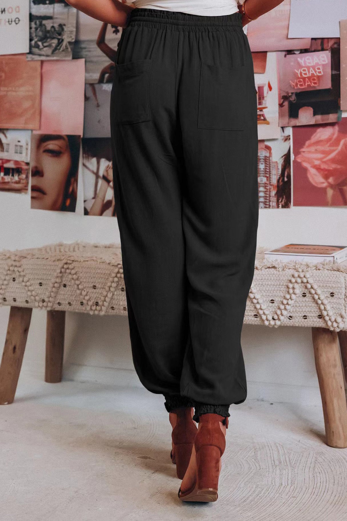 Arolora Drawstring Solid Color Loose Long Pants