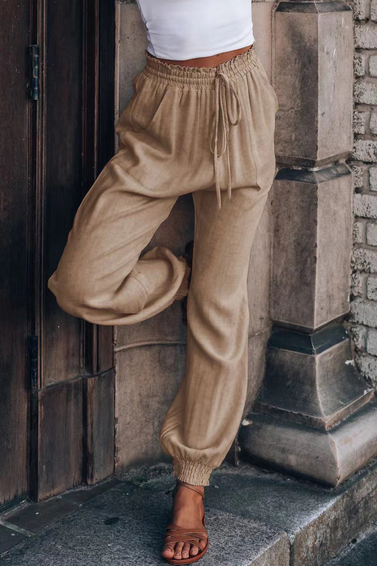 Arolora Drawstring Solid Color Loose Long Pants