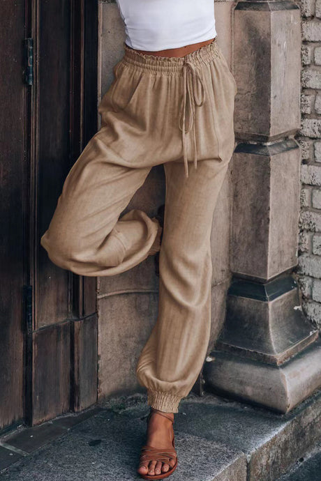 Arolora Drawstring Solid Color Loose Long Pants