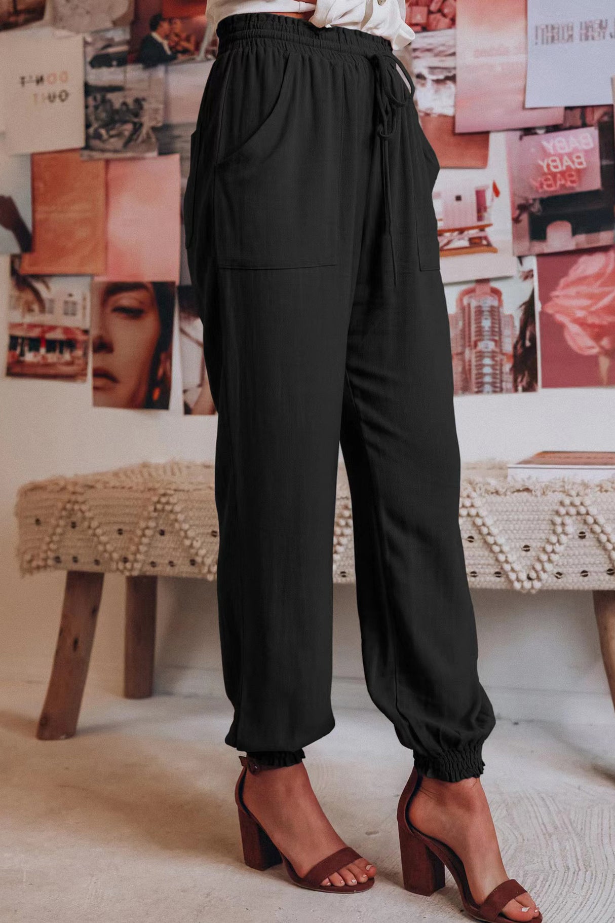 Arolora Drawstring Solid Color Loose Long Pants