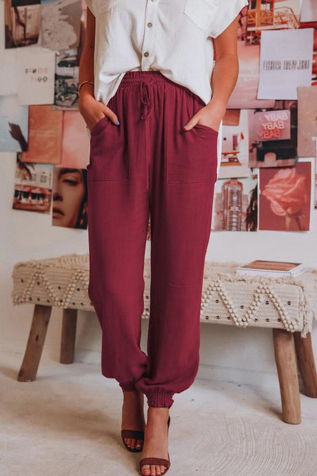 Arolora Drawstring Solid Color Loose Long Pants