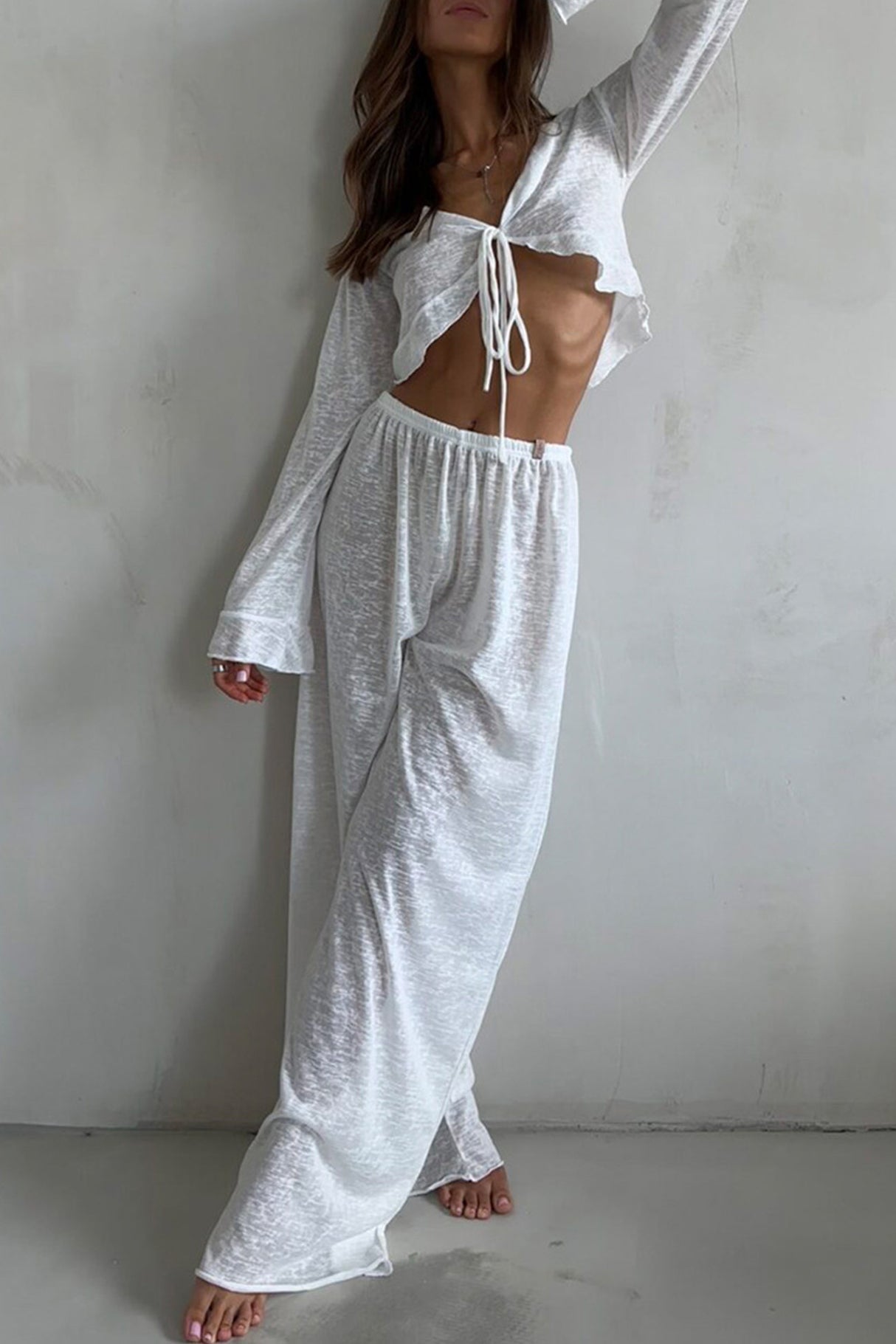 Arolora Flare Sleeve Crop Top Long Pants Set