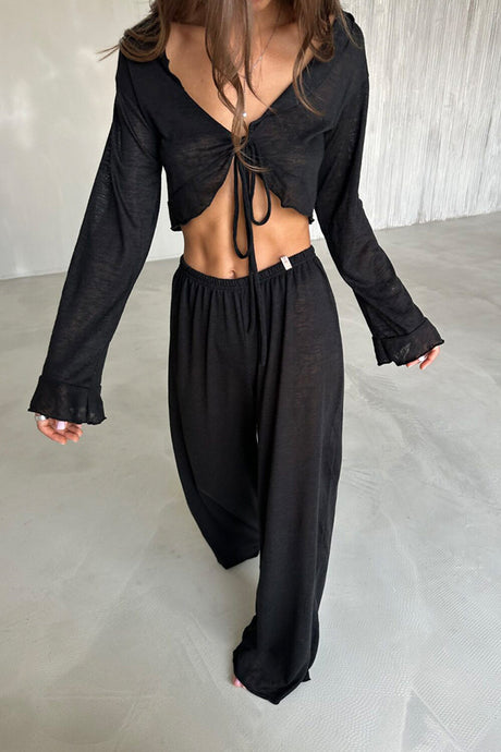 Arolora Flare Sleeve Crop Top Long Pants Set