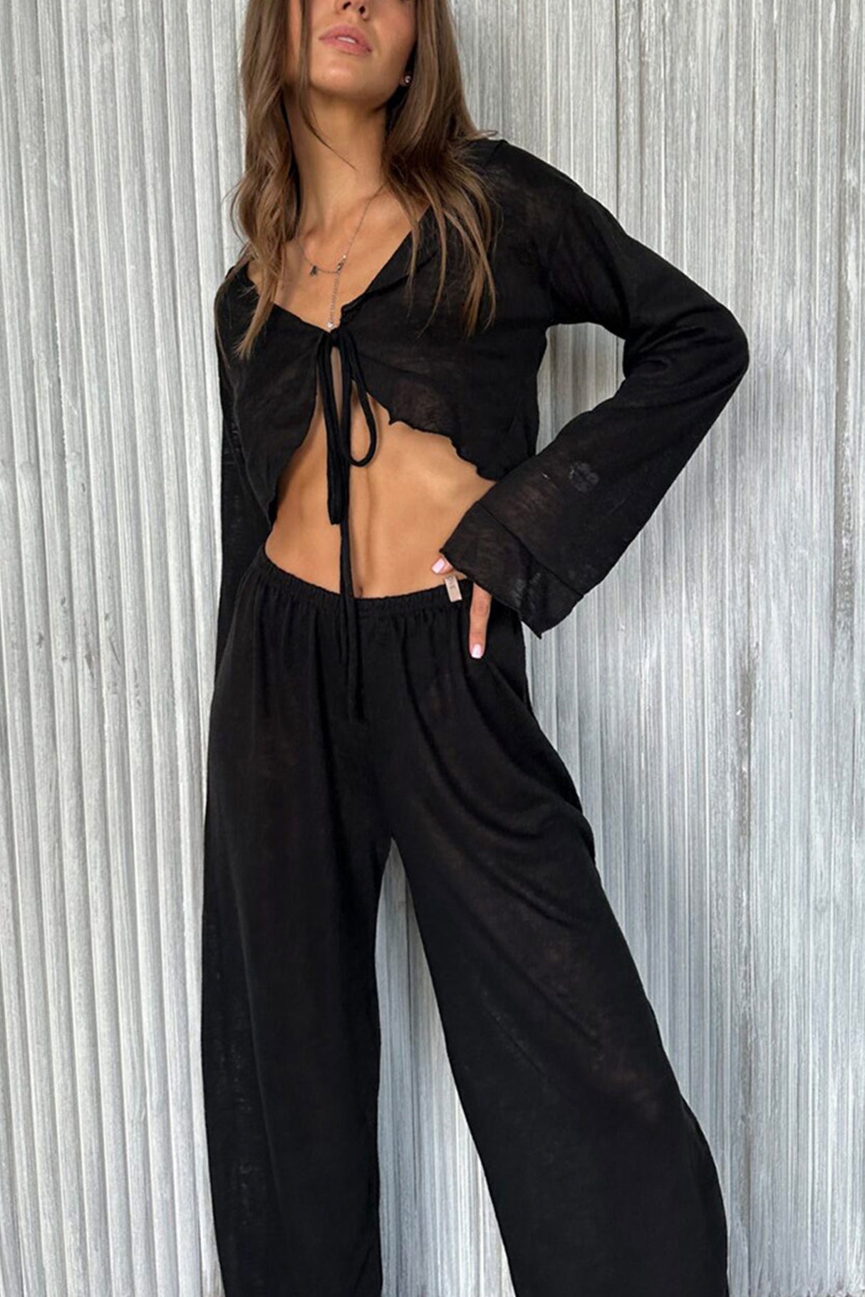 Arolora Flare Sleeve Crop Top Long Pants Set