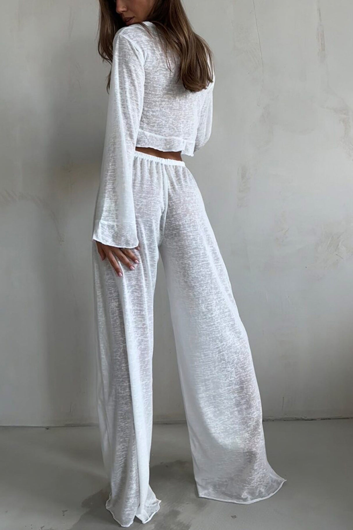 Arolora Flare Sleeve Crop Top Long Pants Set