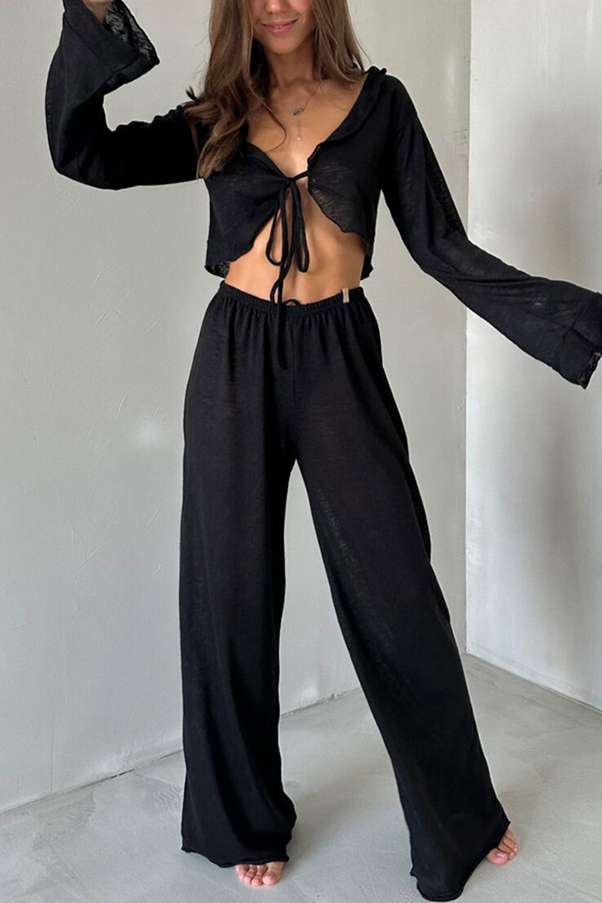 Arolora Flare Sleeve Crop Top Long Pants Set