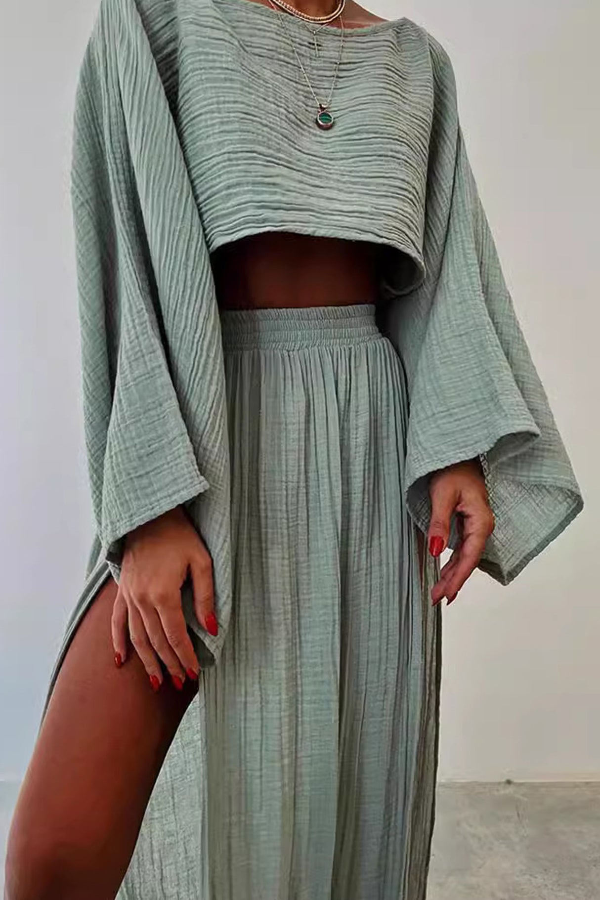 Arolora Flare Sleeve Crop Top Slit Skirt Cover-up Set