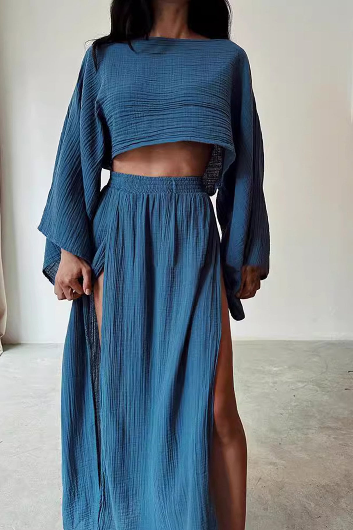 Arolora Flare Sleeve Crop Top Slit Skirt Cover-up Set