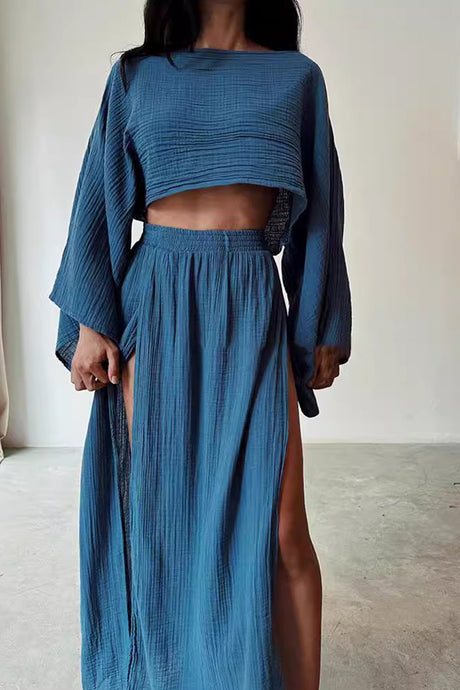 Arolora Flare Sleeve Crop Top Slit Skirt Cover-up Set