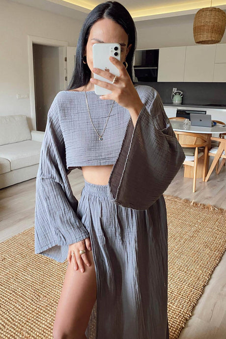 Arolora Flare Sleeve Crop Top Slit Skirt Cover-up Set
