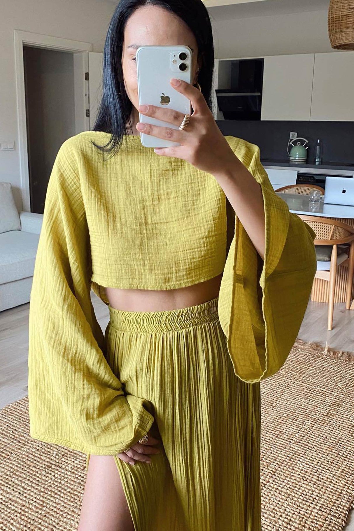 Arolora Flare Sleeve Crop Top Slit Skirt Cover-up Set