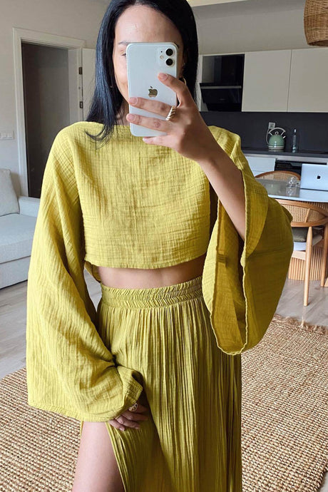 Arolora Flare Sleeve Crop Top Slit Skirt Cover-up Set