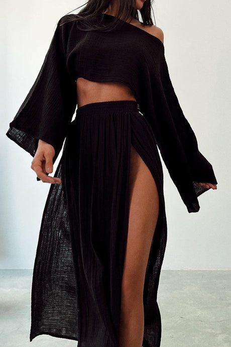 Arolora Flare Sleeve Crop Top Slit Skirt Cover-up Set