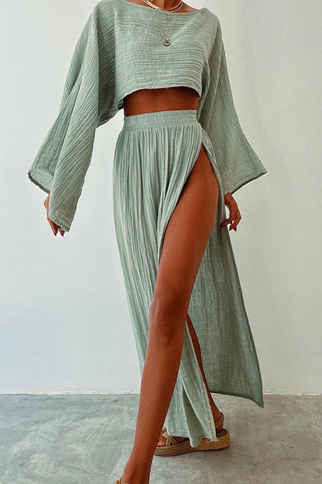 Arolora Flare Sleeve Crop Top Slit Skirt Cover-up Set